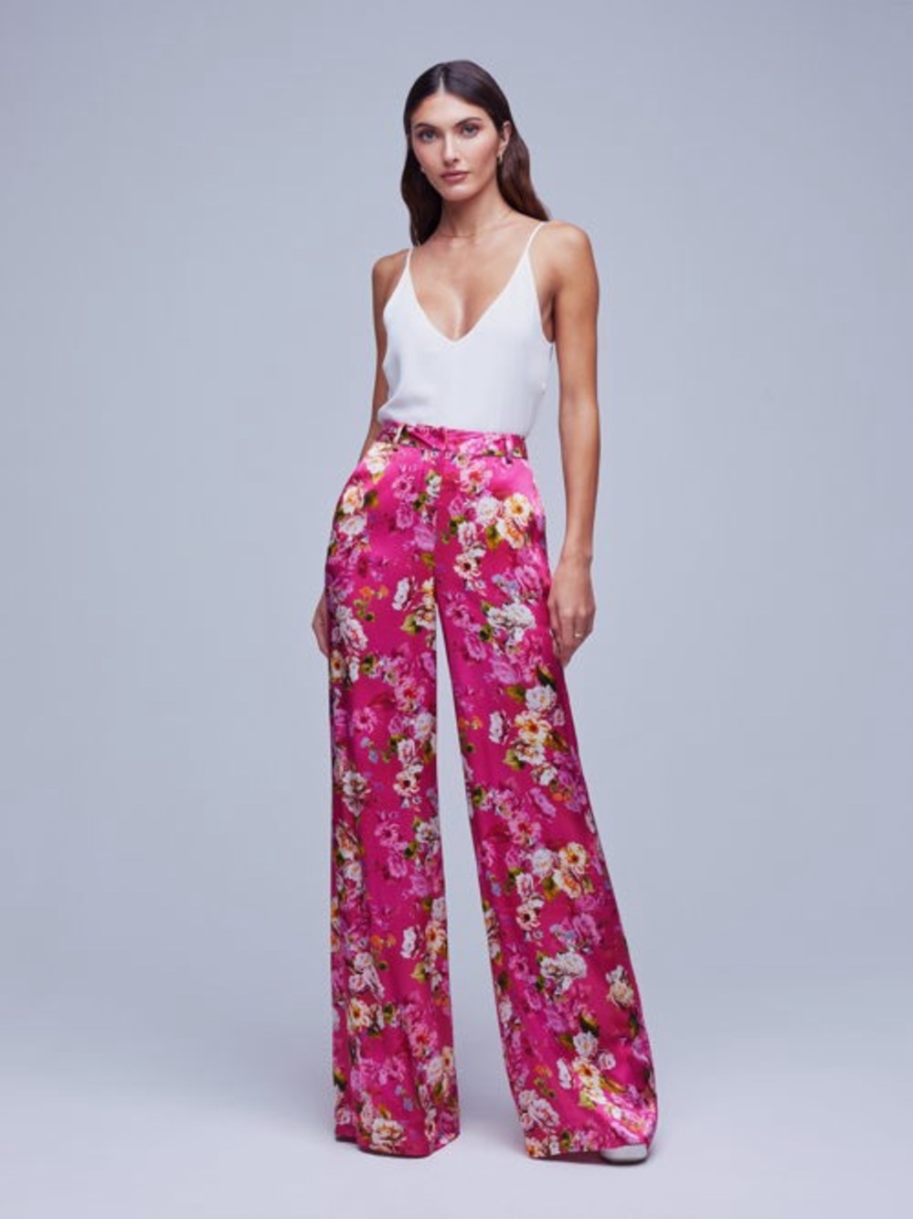 L'AGENCE Pink Floral Satin Pilar Wide Leg Pants Sz 4 - Picture 1 of 4